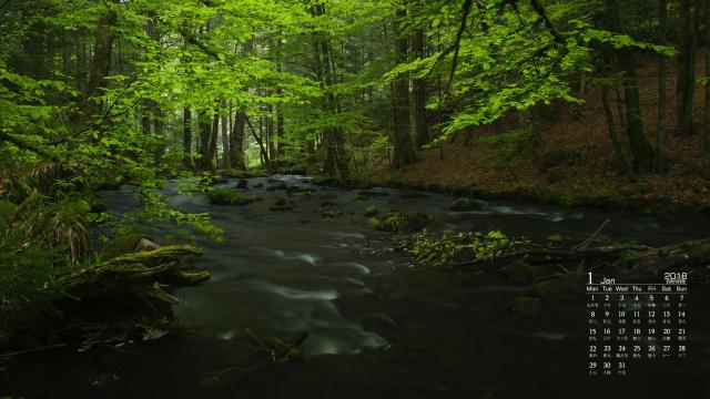 2018年1月日历清澈的谷间溪流